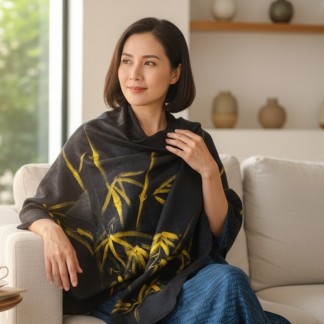 Black ramie scarf hand-painted with bamboo and crane